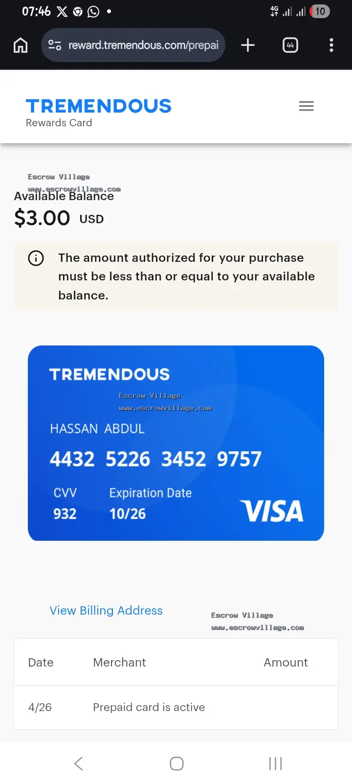 3 dollar tremendous visa card